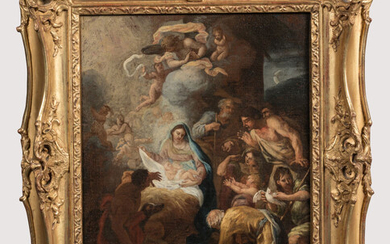 Lot 43 ECOLE ITALIENNE du XVIIIème siècle. "L'Adoration des Bergers". Huile sur toile. 40 x 32 cm. Rentoilé. RM