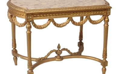 Louis XVI Style Marble Top Center Table, 20th c., the inset shaped Breche d'Alep marble top, with
