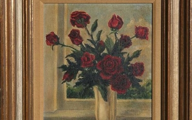 M. Burril, Red Roses by Window, Oil Painting