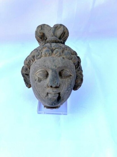 MAGNIFICENT 400 BC EGYPTIAN HAND CARVED STONE HEAD OF THE BOY WITH STAND