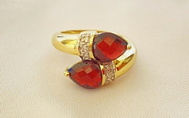 MAGNIFICENT FRENCH 14K YELLOW GOLD DIAMOND GARNET RING SIZE 7 ''