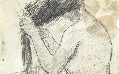 MARY CASSATT Nude Brushing her Hair. Pencil on paper. 146x113 mm; 5 3/4x4...