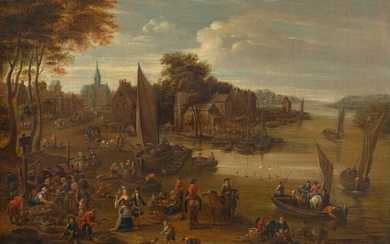 MATTHIJS SCHOEVAERDTS(Bruxelles vers 1665-après 1702)Scène portuaire animée avec marché aux poissons. Huile sur toile. Signé...
