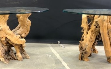 MCM Drift Burlwood Glass Top Side Tables