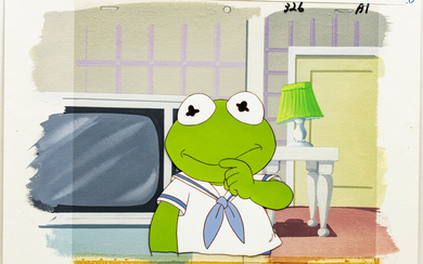"MUPPET BABIES" PRODUCTION ANIMATION CEL WITH HAND PAINTED BACKGROUND, C. 1980S, H 8", W 10", KERMIT THE FROG