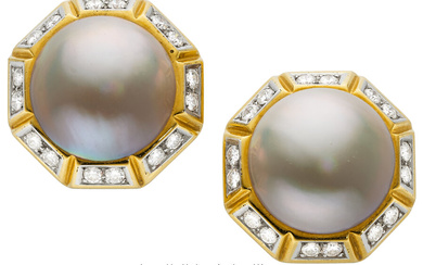 Mabe Pearl, Diamond, Platinum, Gold Earrings Stones: Full-cut diamonds...