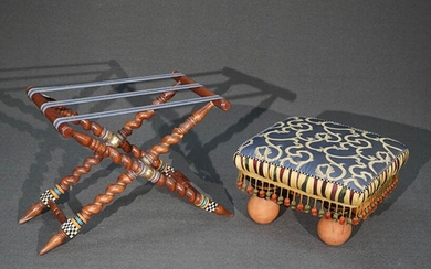 MacKenzie-Childs Art Pottery and Gold and Blue Upholstered Low Stool and a Folding Luggage Rack