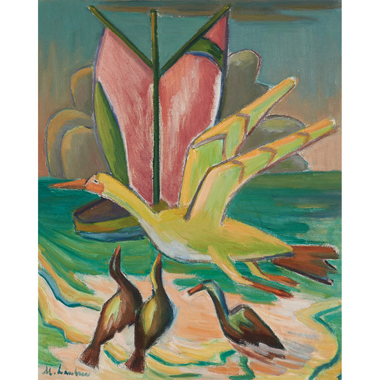 Maggie Laubser South African 1886–1973 Violet Sails and Birds 1964 oil on board in the artist’s frame signed bottom left; signed, da...