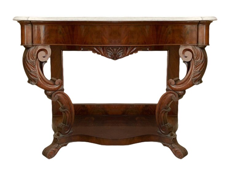 Mahogany wood console, Luigi Filippo. Nineteenth century. Marble on...