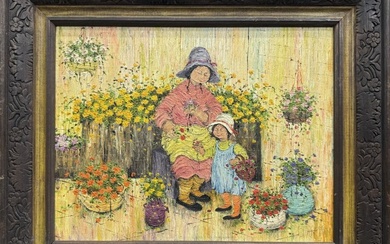 Mildred Barrett Signed Impasto Oil on Canvas Naïve Folk Art Floral and Figural Painting