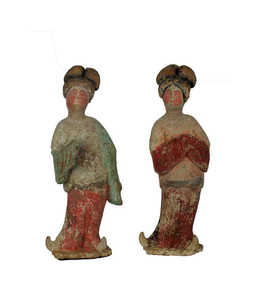 Mingqi - Terracotta - A Brilliant Large Painted Red Pottery Pair of Fat Ladies, TL-Tests, H 40-41 cm. - China - Tang Dynasty (618-907)