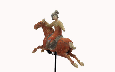 Mingqi - Terracotta - Painted Red Pottery Female Polo Player Astride a Galloping Horse, TL test - China - Tang Dynasty (618-907)