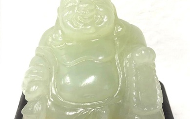 Mini Laughing Buddha Sculpture with Wood Stand - Carved Jade