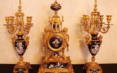 Monumental 19Th Century Limoges Enamel Clock Set