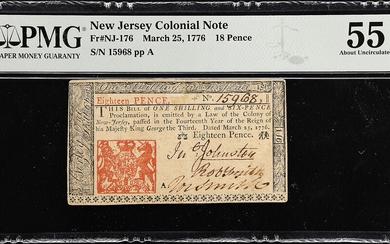 NJ-176. New Jersey. March 25, 1776. 18 Pence. PMG About Uncirculated 55.