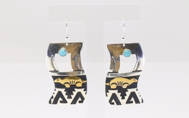Native America Navajo Handmade Sterling Silver Turquoise Dangling Earring's By T&R Singer.