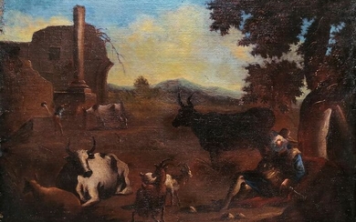 Nicolaes Pietersz Berchem (1620-1683) [Cerchia di] - Paesaggio con rovine pastori e armenti
