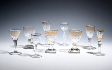 Nine small wine and liqueur gilded glasses late 18th/early 19th century