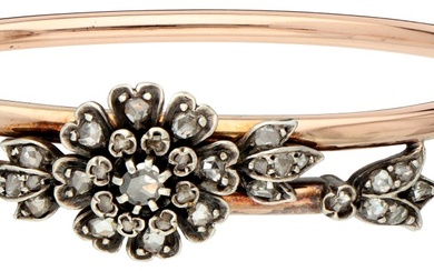 No Reserve - Gouden/zilveren bangle armband met diamanten rozet.