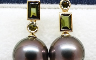 No Reserve Price - Tahitian Pearl, Rikitea Pearl, Midnight Aubergine Peacock, Round, 11.12, 11.25mm - 18 kt. Yellow gold - Earrings - Tourmalines 0.585 ct