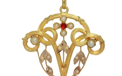 No Reserve Price - Vintage antique anno 1880, Pearl, Red Strass - Pendant - 18 kt. Yellow gold
