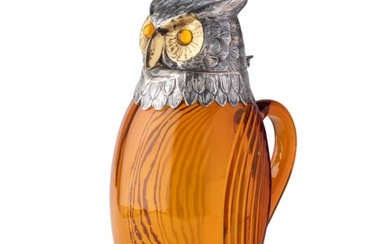 Novelty Silver Plate Mounted Amber Glass Owl Form Decanter