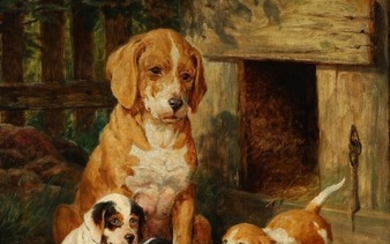 O. A. Hermansen: Playing puppies before a dog house. Signed with monogram. Oil on canvas. 93×60 cm.