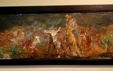 Oil painting on canvas western impressionist R. Frizzel cowboy Modern 1981
