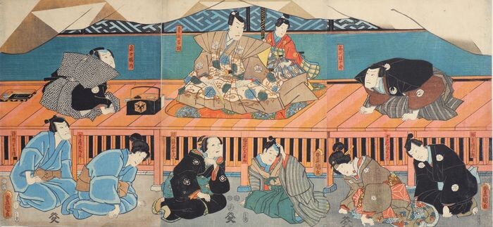 Original woodblock print triptych - Paper - Utagawa Kunisada (1786-1865) - Performance of the kabuki play "Meiyo jinsei roku" 名誉仁政録 - Japan - 1852 (Kaei 5), 7th month