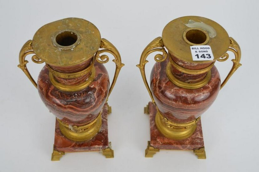 PAIR BRONZE & MARBLE CANDLEHOLDERS, 10"H