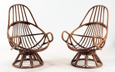 PAIR FRENCH "TONGUE" FORM RATTAN ARM CHAIRS 1950