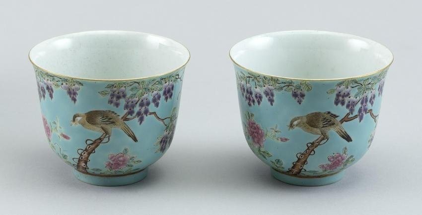 PAIR OF CHINESE FAMILLE ROSE PORCELAIN WINE CUPS Late 19th/Early 20th Century Height 2.75". Diameter