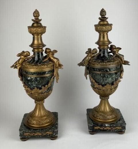 PAIR OF FRENCH DORE BRONZE AND MARBLE CASSOLETTES