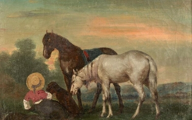 Ecole FRANCAISE du XIXème siècle Jeune femme et chevaux Toile...