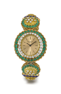 PATEK PHILIPPE. A VERY FINE AND ATTRACTIVE, POSSIBLY UNIQUE 18K GOLD, DIAMOND, LAPIS LAZULI AND CHRYSOPRASE-SET BRACELET WATCH, SIGNED PATEK PHILIPPE, GENÈVE, REF. 4196/1, MOVEMENT NO. 1'244'957, CASE NO. 2'679'868, MANUFACTURED IN 1971
