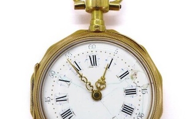 POCKET WATCH in 18K yellow gold. The hours are in Roman numerals and the minutes in Arabic numerals. Engraved with the initials V and S. French work. Diameter : 3 cm. Gross weight : 26.89 gr. A gold pocket watch.