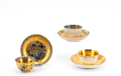 PORCELAIN ENSEMBLE OF SLOP BOWL, TWO CUPS AND SAUCERS WITH...