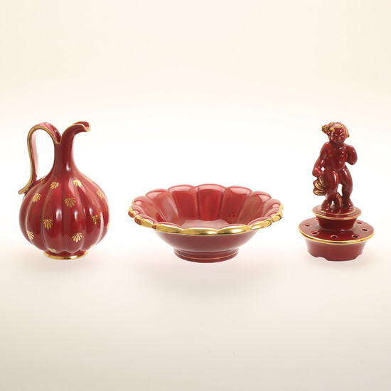 PORCELAIN OBJECTS, 3 parts, "Red Ruby", Gefle.