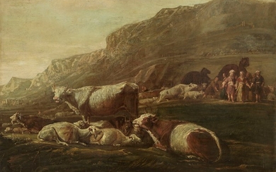 Paesaggio con armenti sullo sfondo, figure e cammelli, Scuola francese del XVIII secolo