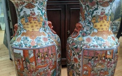 Pair Antique Chinese Huge Signed Enamel on Porcelain