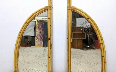 Pair 1960's Italian Bamboo Framed Half Moon Wall Mirror