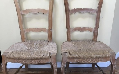 Pair French Country Ladder Back Rush Carved Chairs