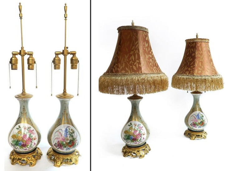 Pair Of 19th C. Hand Painted French Porcelain Lamps
