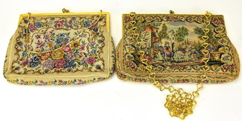 Pair Vintage Petit Point Tapestry Hand Bags