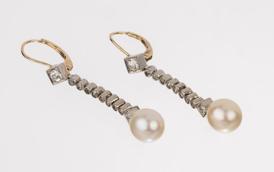 Pair of 14 kt gold pearl-diamond-earrings, approx. 1920/30 , YG/WG...