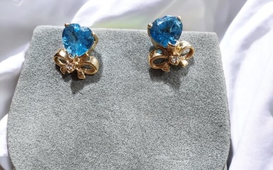 Pair of 14K YG Heart Blue Topaz, Diamond Earrings