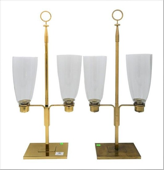 Pair of Brass Candelabras, with glass hurricane shades