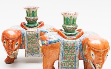 Pair of Chinese Export Canton Famille Rose Porcelain Elephant Form Candleholders