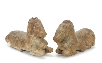 Pair of Chinese carved hardstone recumbent horses, possibly ...