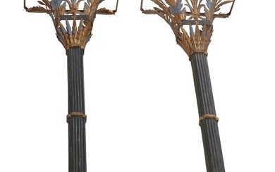 Pair of Continental Polychromed and Gilt Tole Wall Brackets, 19th c., the rectangular tops with